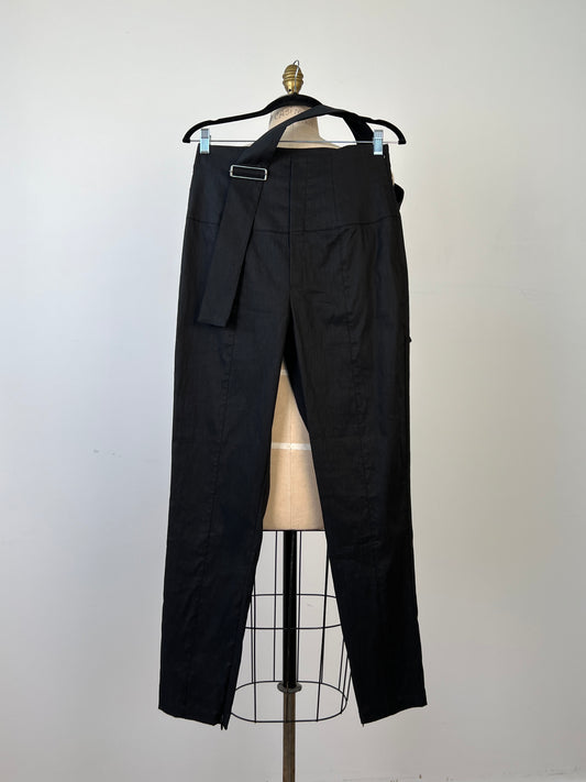 Pantalon en lin techno noir à ceinture déco (S)