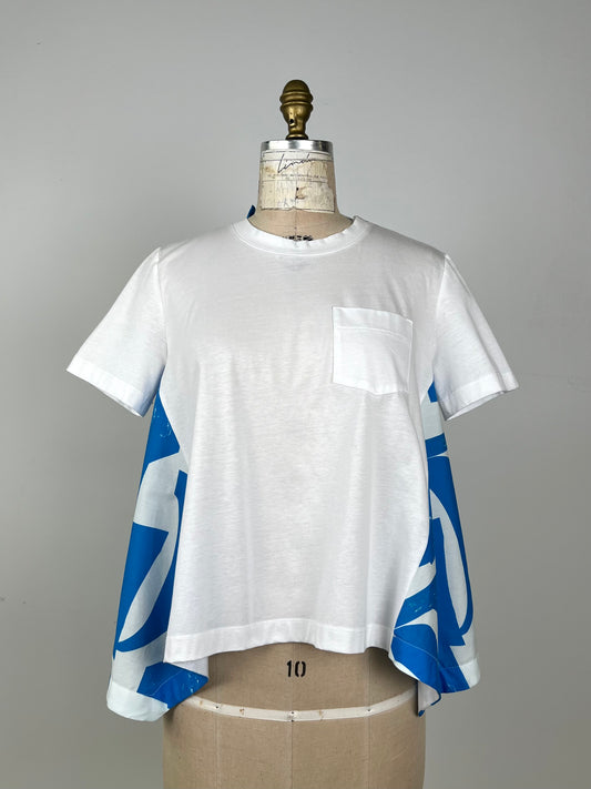 T-shirt trapèze blanc et imprimé bleu cyan (10)