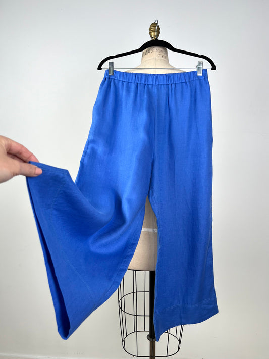 Pantalon ample à taille haute en lin bleu (8)