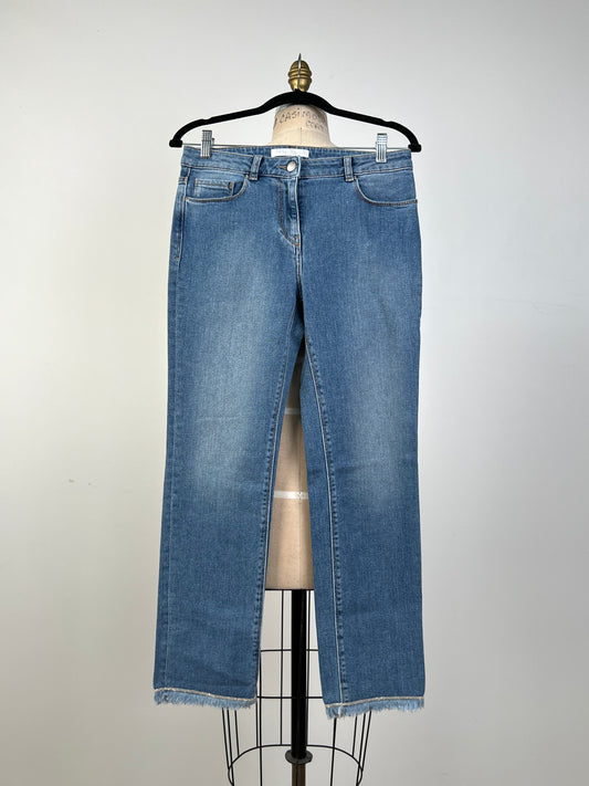 Pantalon en denim bleu à strass et franges  (4)
