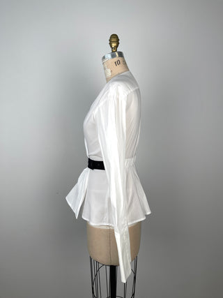 White fitted wrap blouse with musketeer cuffs (2/4)