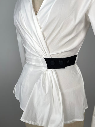 White fitted wrap blouse with musketeer cuffs (2/4)