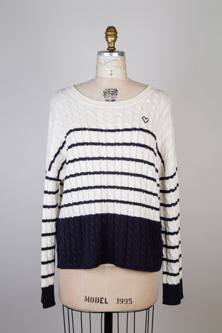 Cream Cable Knit Sweater with Navy Stripes (S)