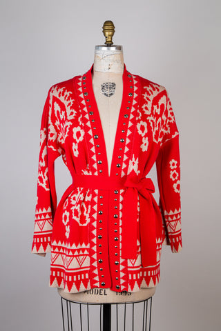 Red oriental knitted jacket with cream jacquard (S)