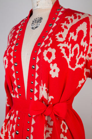 Veste en tricot rouge d'orient à jacquard crème (S)