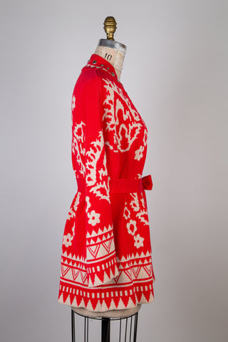 Veste en tricot rouge d'orient à jacquard crème (S)