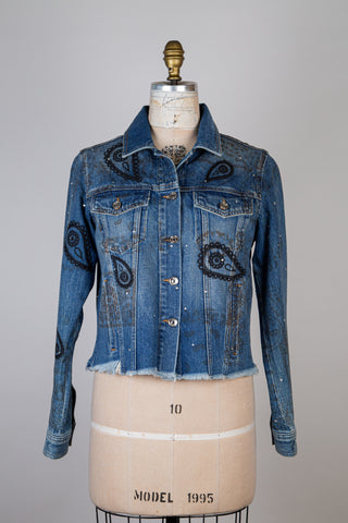 Blue denim jacket with embroidery and rhinestones (S)