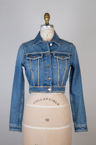 Blue denim jacket with worn effect and rhinestone trim (S)