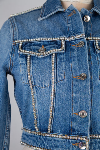 Veste en denim bleu effet usé à liserés de strass (S)