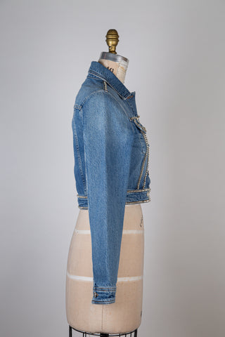 Blue denim jacket with worn effect and rhinestone trim (S)