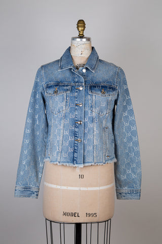 Veste en denim bleu effet usé à strass LJ (S et M)