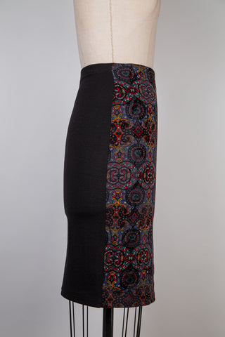 Two-material stretch skirt with Persian print (XS and S)