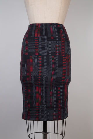 Jupe stretch noir à jacquard bleu acier / rouge (S)