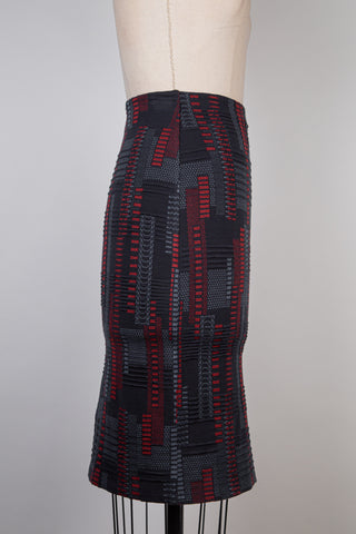 Black stretch skirt with steel blue/red jacquard (S)