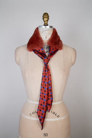 Terracotta and cobalt blue fur and satin collar