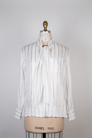 White blouse with silver striped pussy bow collar (6)