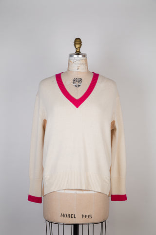 Pure cashmere V-neck sweater cream / nutmeg / fuchsia (6+)