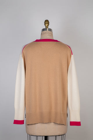 Pure cashmere V-neck sweater cream / nutmeg / fuchsia (6+)