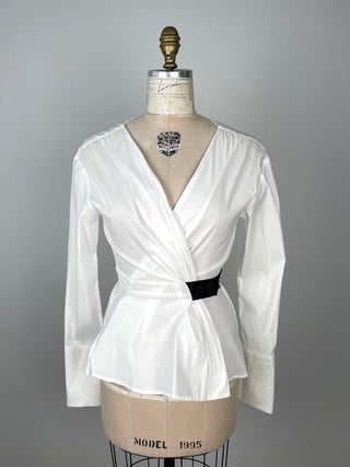 White fitted wrap blouse with musketeer cuffs (2/4)