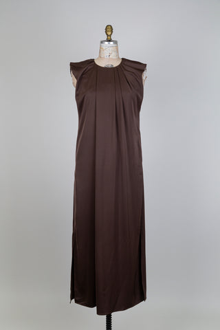 Chocolate satin dress with pleated collar (6)