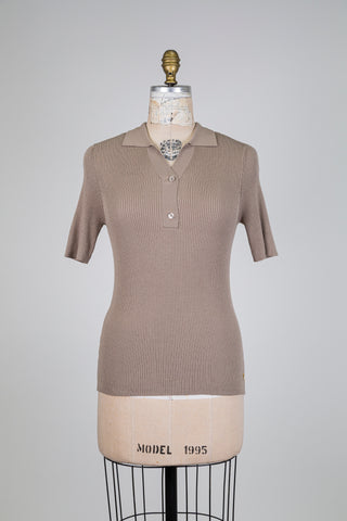 Taupe ribbed polo-style sweater (S)