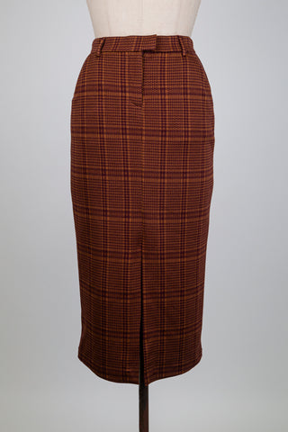 Jupe crayon pied-de-poule caramel et grenat (S)