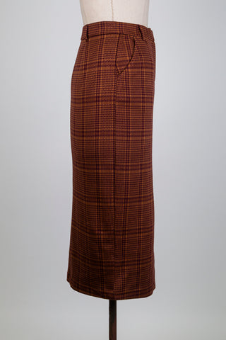 Jupe crayon pied-de-poule caramel et grenat (S)