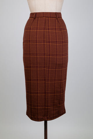 Jupe crayon pied-de-poule caramel et grenat (S)