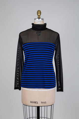 Chandail tulle col montant à rayures bleues (S)