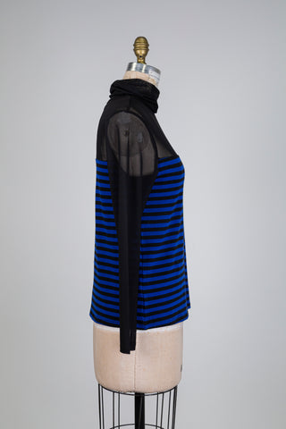 Chandail tulle col montant à rayures bleues (S)