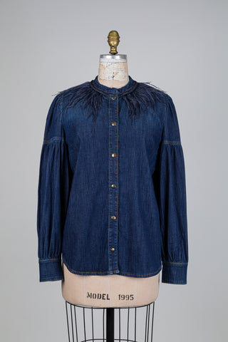 Chemisier en denim à col emplumé (10-12-14)