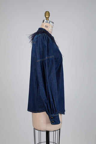 Chemisier en denim à col emplumé (10-12-14)