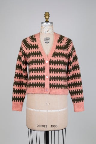 Cardigan rose et kaki à motif en créneau (S)