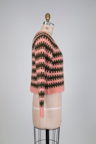 Cardigan rose et kaki à motif en créneau (S)