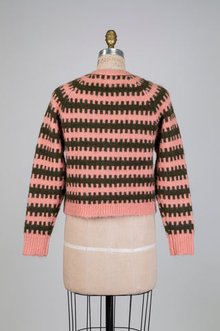 Cardigan rose et kaki à motif en créneau (S)