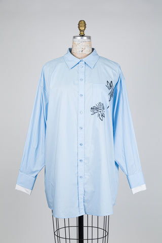 Chemisier tunique bleu à paillettes florales (10+12)