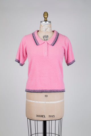 Pink and gray fluffy polo sweater (S)