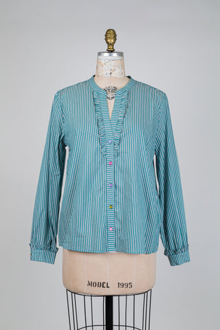 Green and white ruffled blouse (10)