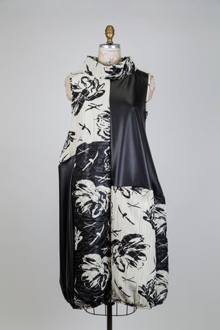 Robe ballon patchwork jacquard et faux cuir (S)