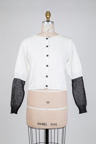 White cardigan with black sheer sleeves (one size fits all)