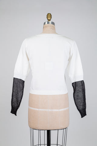 White cardigan with black sheer sleeves (one size fits all)
