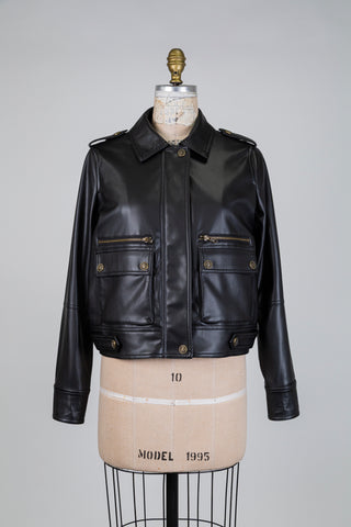 Veste en faux cuir noir à boutons bijoux (4-10-12)