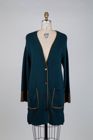 Cardigan bleu canard à détails ocre (S)