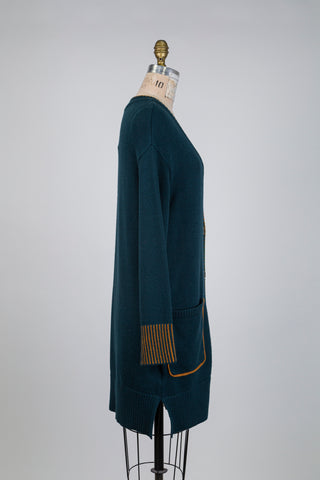 Cardigan bleu canard à détails ocre (S)