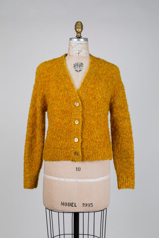 Cardigan jaune moutarde court en maille bouclée (S)