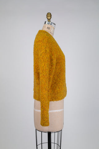 Cardigan jaune moutarde court en maille bouclée (S)