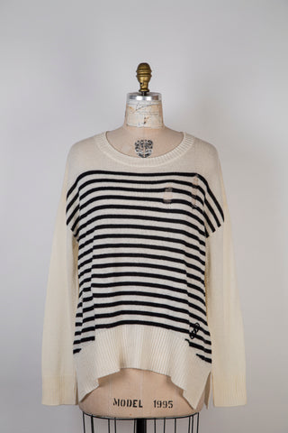 Cream striped black distressed knit sweater (L)