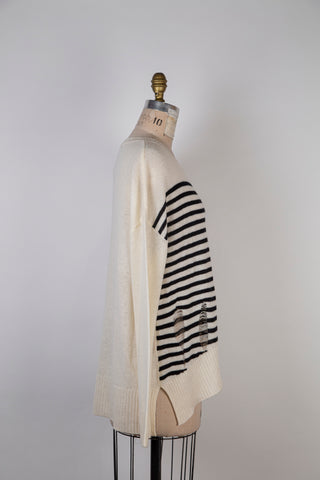 Cream striped black distressed knit sweater (L)