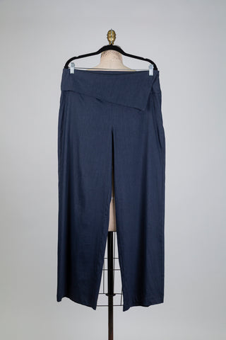Pantalon en lin techno marine à taille revers (XL)
