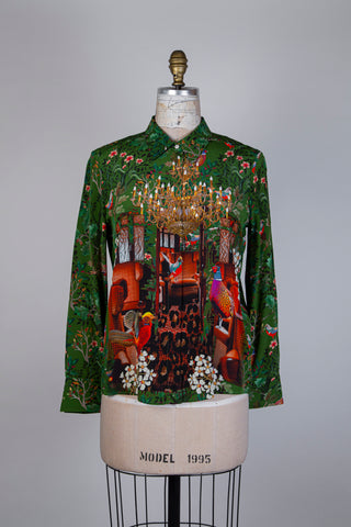 VC51.51W96 - Pure silk blouse Pheasants and Surrealist Botany (XS to M)